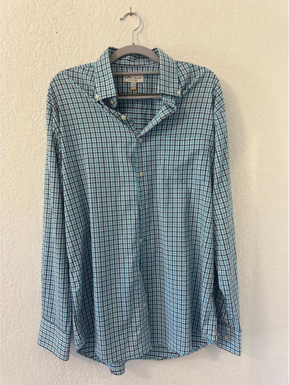 Peter Millar Men’s Teal and Navy Checked Button-Down Shirt